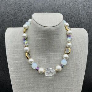Kissaka Necklace Statement Faux Pearl Crystal AB‎ Beads Gold Tone Adjustable 16"